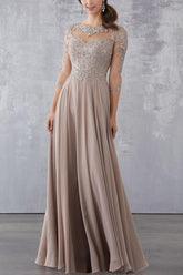 Elegant Champagne A-Line Crew Beaded Lace Illusion Half Sleeves Floor-Length Chiffon Formal Dresses